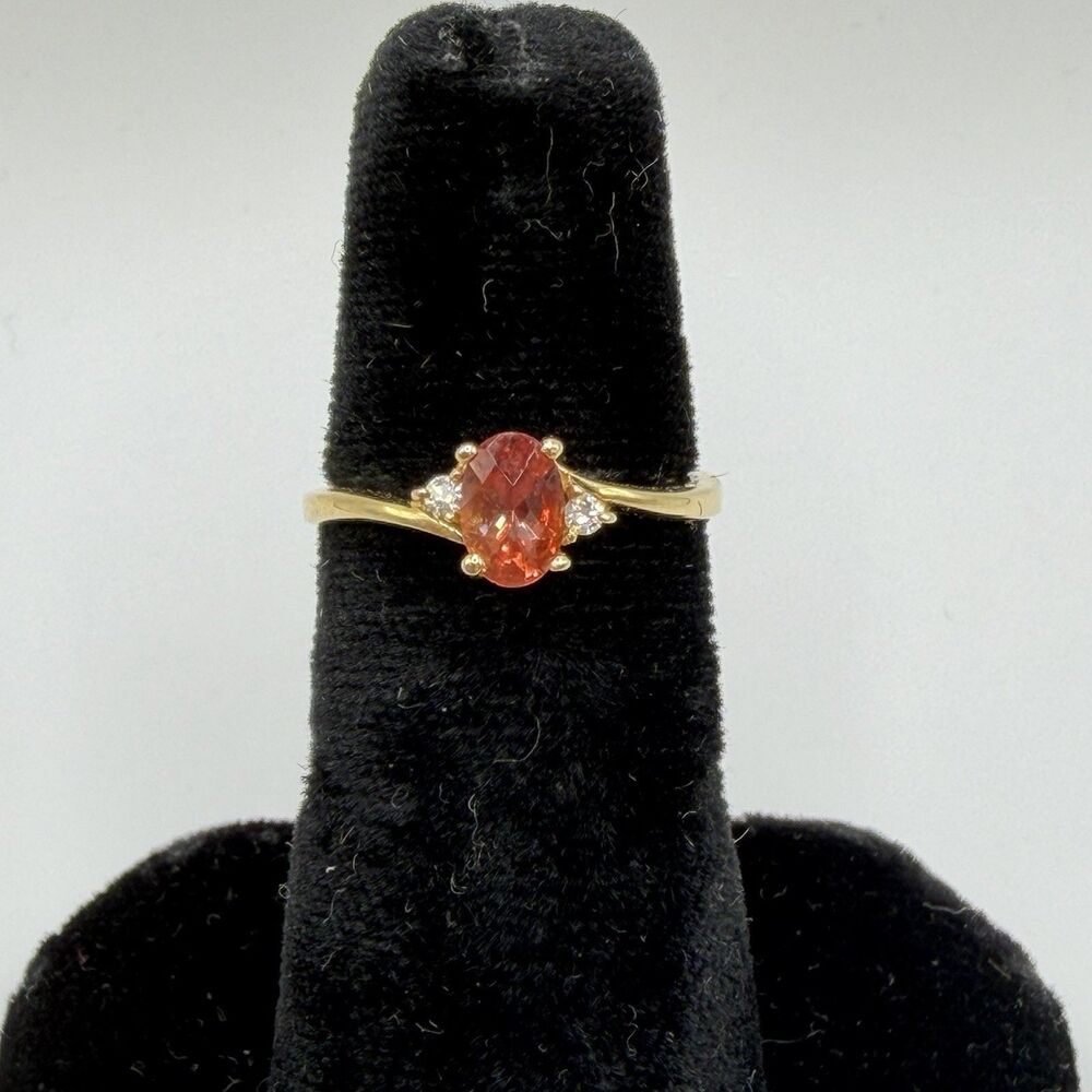 14K Yellow Gold Red Andesine and Diamond Ring Size 4.5